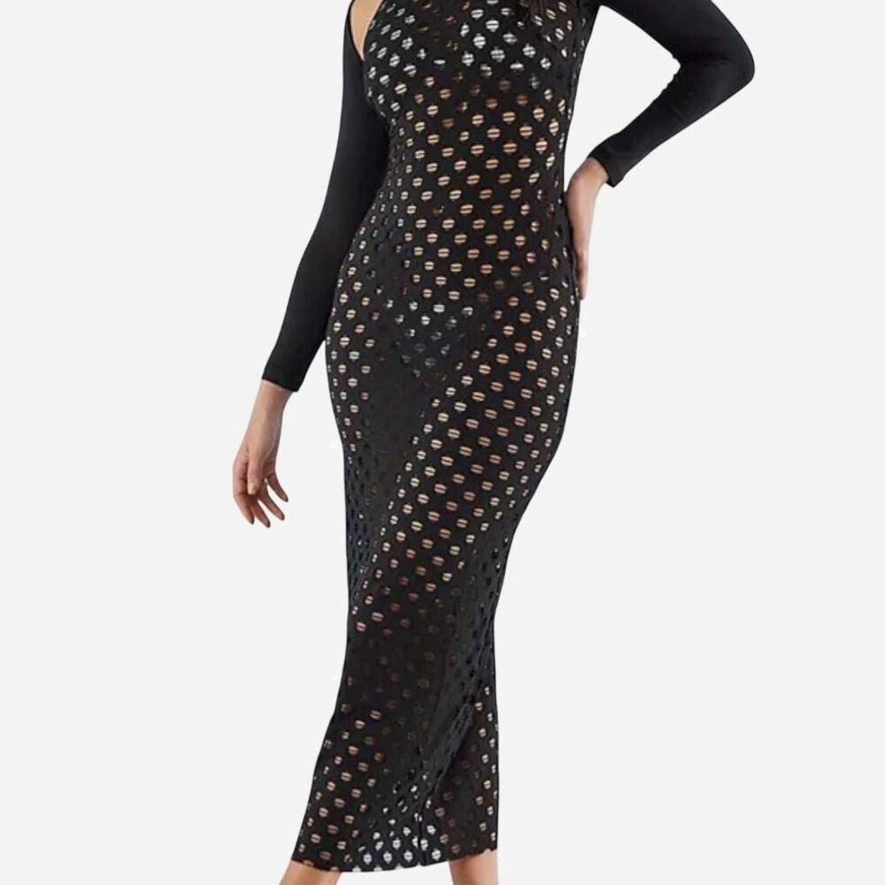 NWT AmyLynn Women's Med Open Knit Black Simone Midi Dress Witchy Goth Alt Grunge